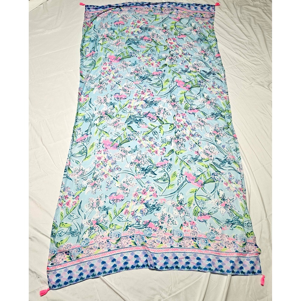 Lilly Pulitzer Scarf Women OS Blue Pink Floral Tassel Lightweight Wrap Beach